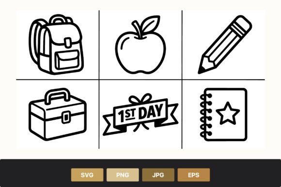 School First Day Line Art Icons: Graphics & Illustrations